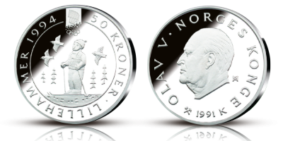 OL-sølvmynt nr. 2 Barn på ski - 50 kroner sølv - utgitt 1991 OL-sølvmynt nr. 2 Barn på ski - 50 kroner sølv - utgitt 1991
